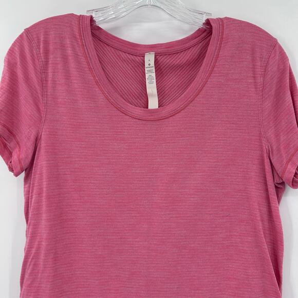 Lululemon Pink Micro Stripe Tee Shirt Round Hem Shoulder Pleat Womens Size 4 - Picture 4 of 12